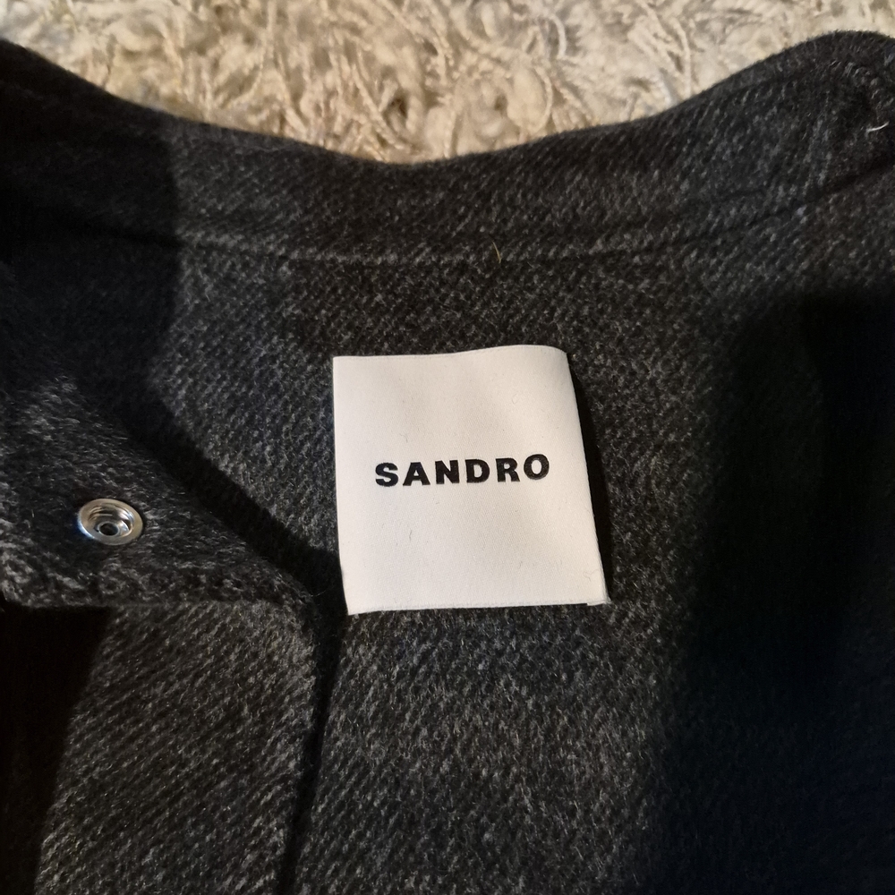Sandro Dark Gray Wool-Blend Pea Coat with Grommet Sleeve Detail - Picture 2 of 9